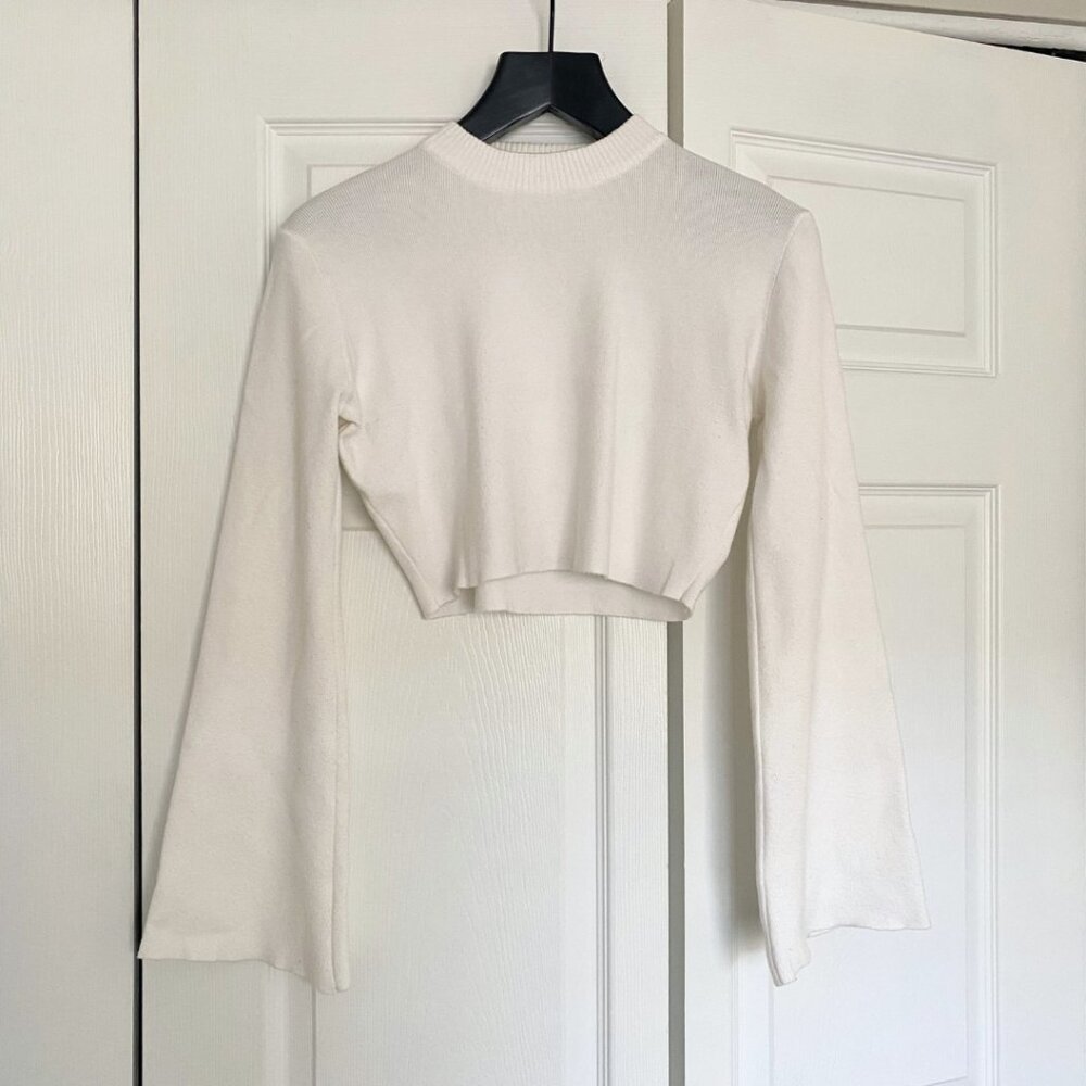 My girl White Cropped Mock Neck Sweater w/ Bell Sleeves